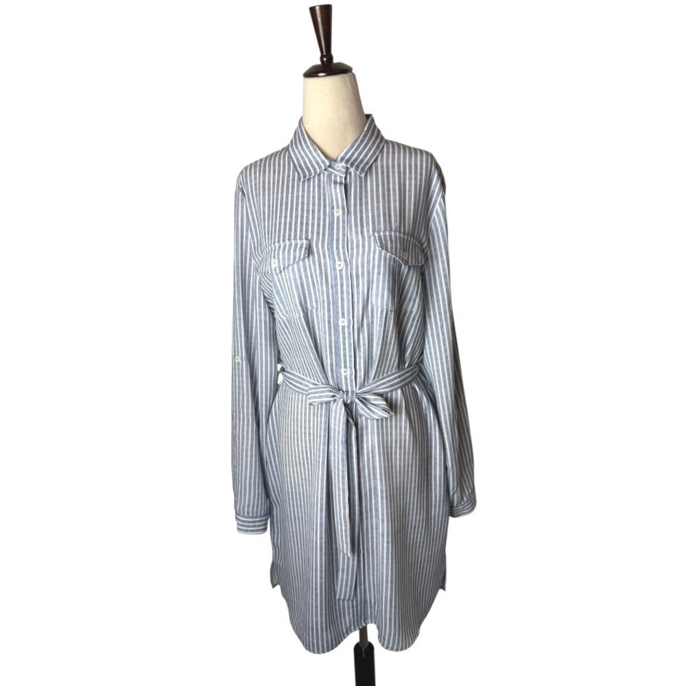 Joy‎ Joy Dress Women Large Blue White Striped Button Front Tie Waist Shirt NWT